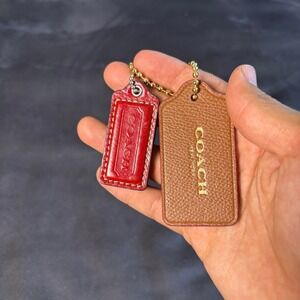 Coach Leather Hangtag Set Red Embossed and Brown Pebbled Gold Logo Charms